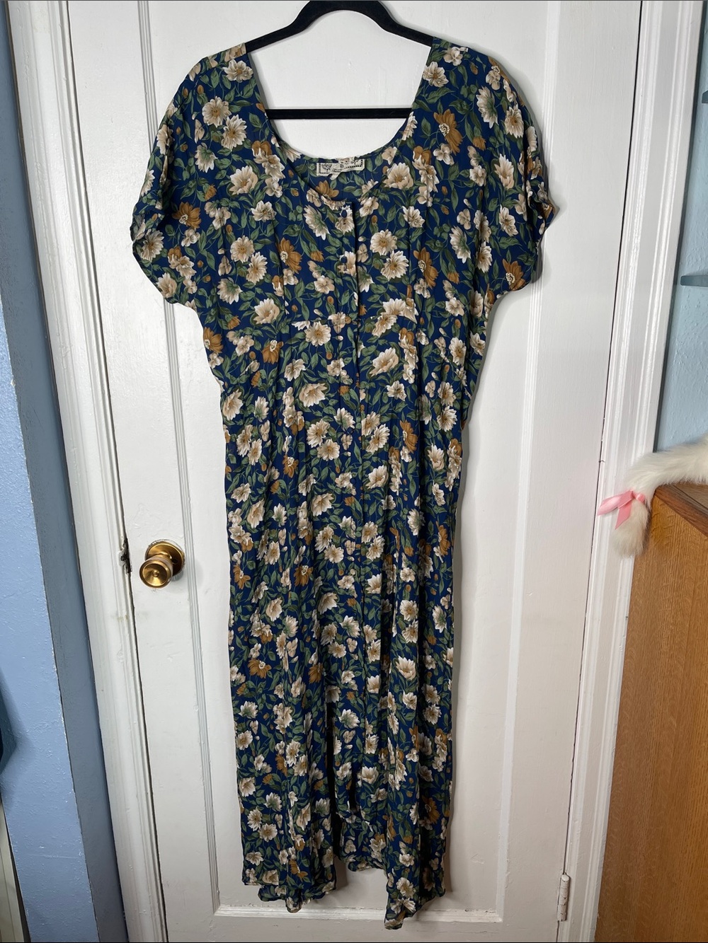 Vintage NC 17 Danielle Karen Dress OS Crinkle Broomstick Maxi Blue Floral Empire
